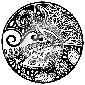 Black white abstract zendala with fish and waves