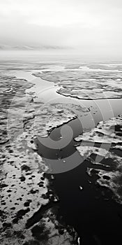 Black And White Aerial Photography Of Icy Landscape With Water