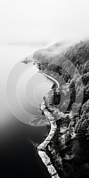 Black And White Aerial Photography Of Winter Fjord And Rocky Beach photo