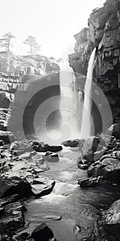 Black And White Aerial Photography Of A Winter Waterfall At A Rocky Beach