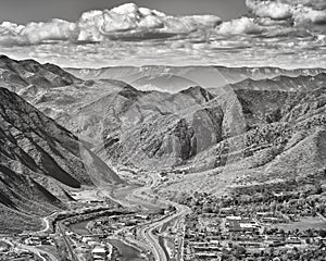Black and white aerial picture of Glenwood Springs in Colorado. photo