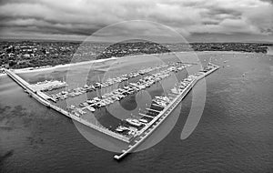 Black and white aerial view of Blairgowrie Marina on Mornington