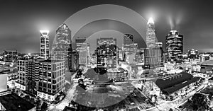 Black and white, aerial view of Charlotte, NC skyline