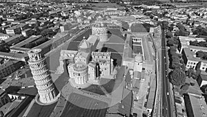 Black and white aerial view of Field of Miracles in Pisa, Tuscany. Drone viewpoint of famous Piazza dei Miracoli