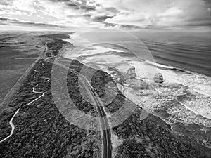 Black and white aerial view of the great ocean road with Gog and