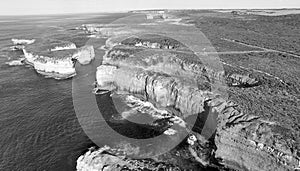 Black and white aerial view of Loch Ard Gorge and Island Arch, P