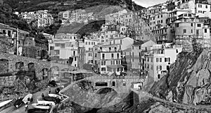 Black and white aerial view of Manarola skyline, Five Lands - It