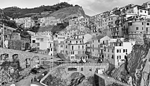 Black and white aerial view of Manarola skyline, Five Lands - It