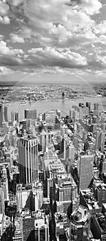 Black and white aerial view of New York City, USA