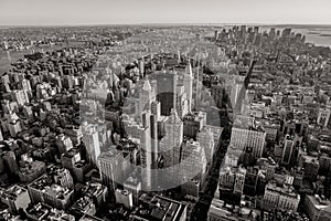 Black and white aerial view of New York cityscape