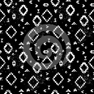 Black and white aged geometric aztec ethnic grunge seamless pattern, vector