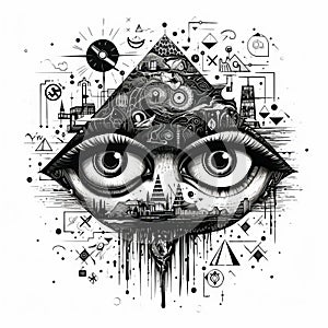 Black And White All Seeing Eye Pyramid Print With Realism And Fantasy Elements photo