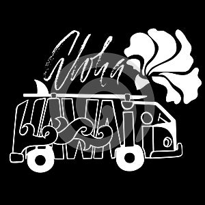 Black and white Aloha Hawaii surf print. Handdrawn lettering with a minivan. Vector bus illustration. Typography poster