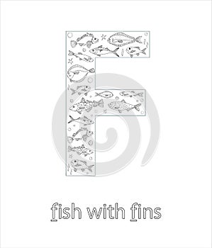 Black and white alphabet letter F. ABC flashcard