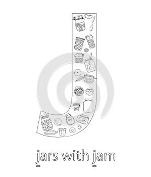 Black and white alphabet letter J. ABC flashcard