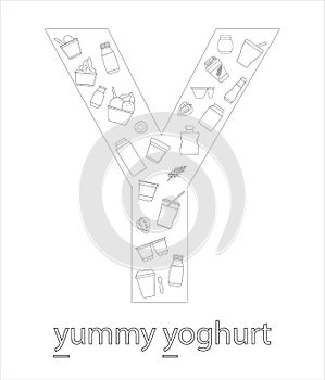 Black and white alphabet letter Y. ABC flashcard