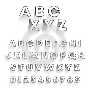 Black and White alphabet with shadow. Set of letters and numbers 3D design. Vector illustration