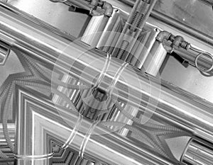 Black and white aluminum background. Metal pipes and abstract technological components. Industrial concept.