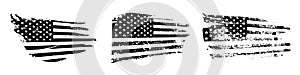 Black and white American flag in grunge style set. Vintage rough textured design vector illustration. Monochrome stripes