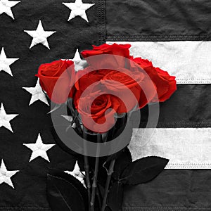 Black and white American flag with red roses