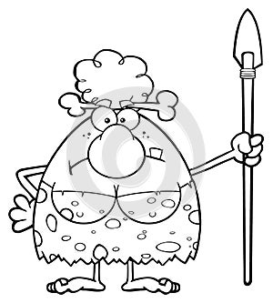 Black And White Angry Cave Woman Cartoon Mascot Character Standing With A Spear.