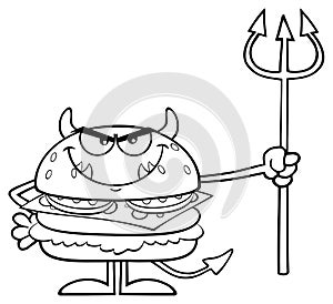Black And White Angry Devil Burger Cartoon Character Holding A Trident