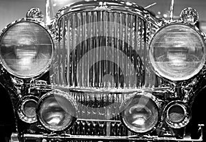 Black & White Antique Car Front Grille & Headlights