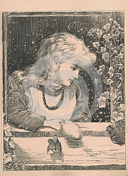 Black and white antique illustration shows a fair-haired little girl and her friendly pets. Vintage illustration shows a