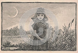 Black and white antique illustration shows a girl at dusk. Vintage drawing shows the girl at twilight. Old picture from