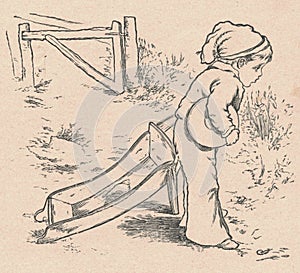 Black and white antique illustration shows a little boy and a broken wheelbarrow. Vintage marvellous illustration shows