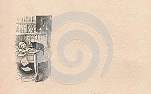 Black and white antique illustration shows a little mischievous kittens playing with a paperwork on a desk. Vintage