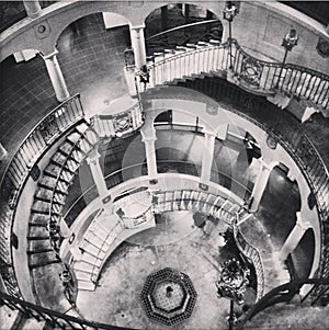 Black and white antique rotundra staircase at Mission Inn Riverside California