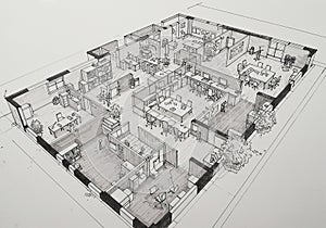 Black and white architectural illustration depicting a modern office layout. Features