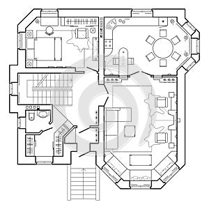 En blanco y negro arquitectónico de casa. despliegue de un piso muebles en dibujo 