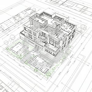 A black-and-white architectural rendering of a modern, multi-level building with