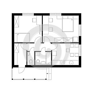 Black and white architecture plan of house with furniture. Floor plan, top view