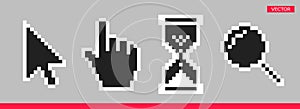Black and white arrow, hand, magnifier and hourglass pixel mouse cursor icons vector illustration set.