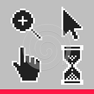 Black and white arrow, hand, magnifier and hourglass pixel mouse cursor icons