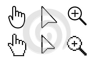 Black and white arrow, hand, magnifier pixel and no pixel mouse cursor icons vector illustration