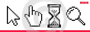 Black and white arrow, hand, magnifierand hourglass pixel mouse cursor icons vector illustration set