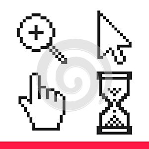 Black and white arrow, hand, magnifierand hourglass pixel mouse cursor icons vector illustration set