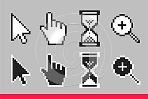 Black and white arrow, hand, magnifierand hourglass pixel mouse cursor icons vector illustration set