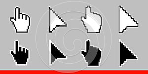 Black and white arrow pixel and pixel mouse hand cursors icon