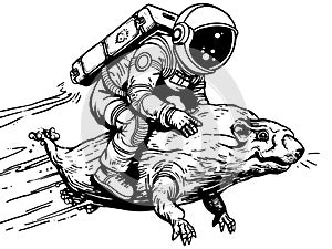 Black and white, astronaut flies on a mole, coloring book style. Vector, generative ai.