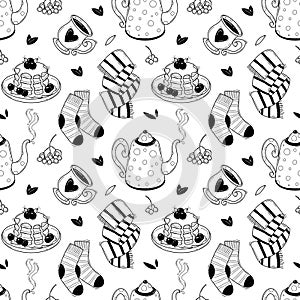 Black and white Autumn seamless pattern with cozy elements in doodle style. Vector illustration of warm clothes and
