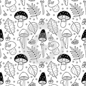 Black and white Autumn and thanksgiving seamless pattern with falling leaves and mushrooms in doodle style. Good for