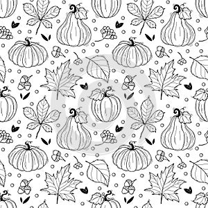 Black and white autumn and thanksgiving seamless pattern with falling leaves and pumpkins in doodle style. Good for