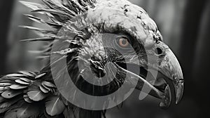 Black And White Avian Portrait: Wyvern Withered Parrot Human Hybrid