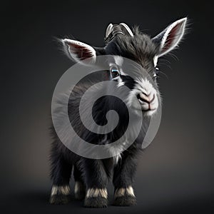 Black and white baby goat on a dark background. 3d rendering AI generated