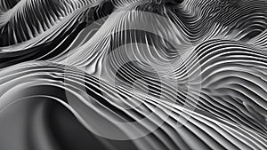 black and white background An abstract vector illustration of black and white 3D waves. The background has curved lines